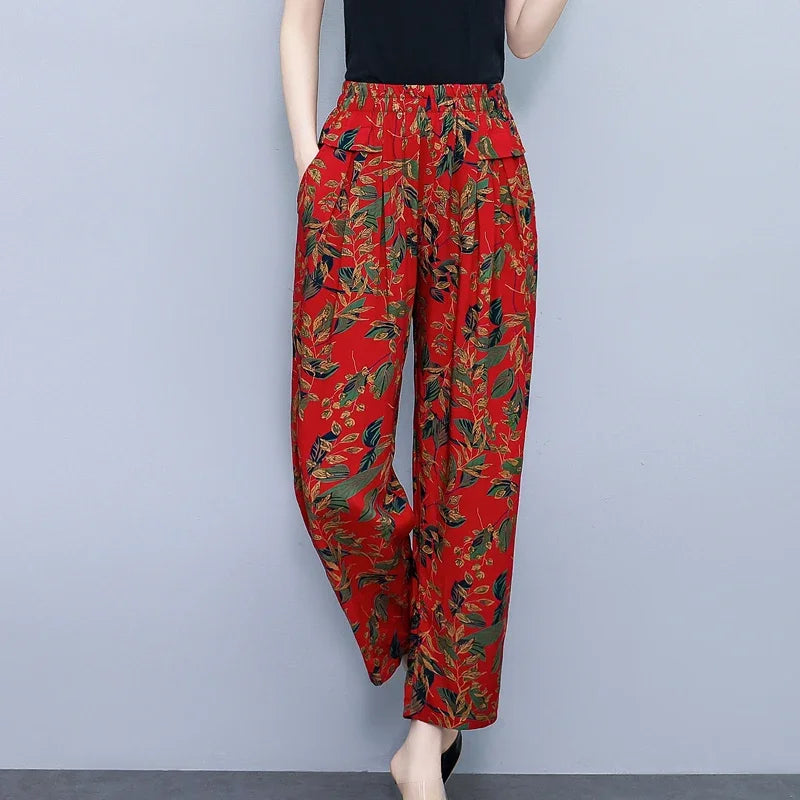 Women Pants High Waist Loose Print Summer Pants for Women Elastic Waist Vintage Clothing