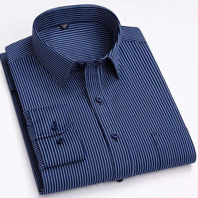 Men's Classic Long Sleeve Print/striped Basic Dress Shirts Single Patch Pocket 65% Cotton Business Standard-fit Office Shirt