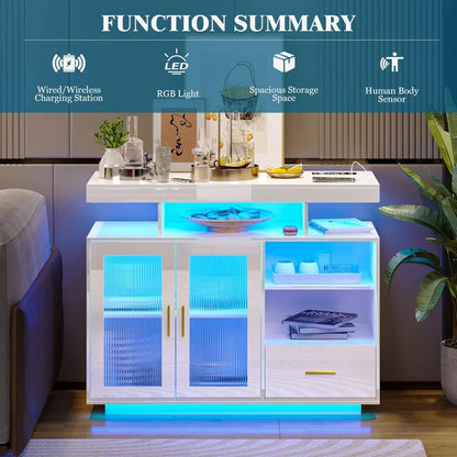 39.4" Modern LED Sideboard Buffet Cabinet with Charging Station, High Glossy Cupboard with Motion Sensor Light, Sideboards