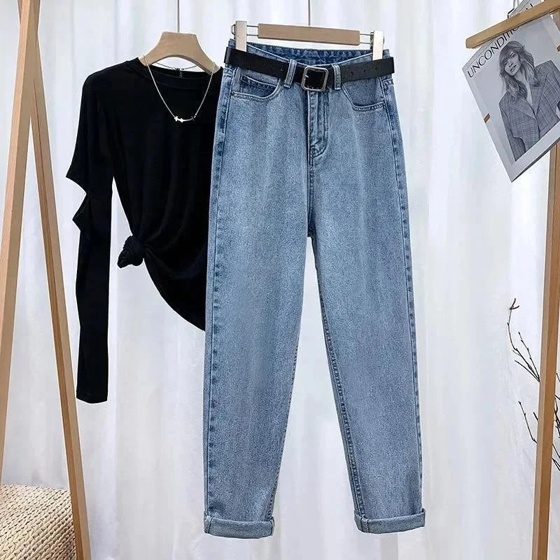 Women's Loose-Fit High-Waisted Fleece-Lined Jeans Slimming Thickened Warm Petite Nine-Point-Slim Fashion Trendy Spring Autumn Je