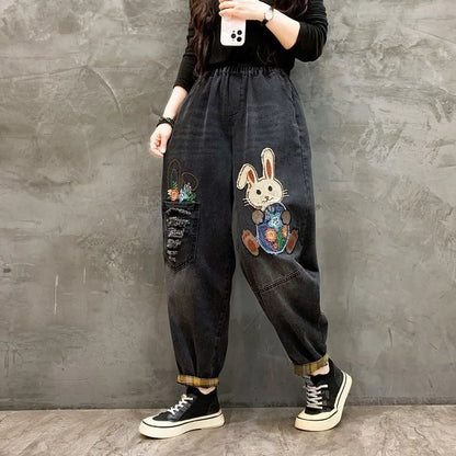 New High Quality Women Retro Patch Embroidered Printed Loose Jeans Women Ripped Casual Jeans