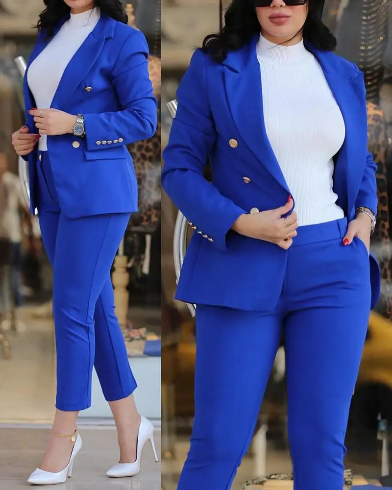 Elegant Office Lady Two Piece Sets New Autumn Winter Women Fashion Notched Neck Long Sleeve Blazer & High Waist Work Pants Suit