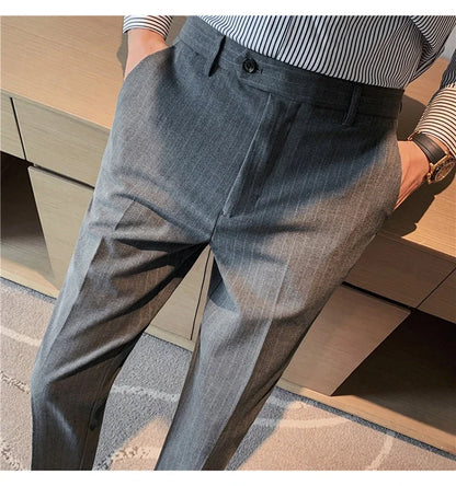 Men Boutique Black Striped Suits Pants Male Formal Wear Wedding Dress Trousers Quality British Style Business Casual Suit Pants