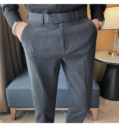 British Style Striped Slim Fit Suit Pant Men Business Casual Simple Dress Pants High Quality Social Wedding Party Trousers 38-28