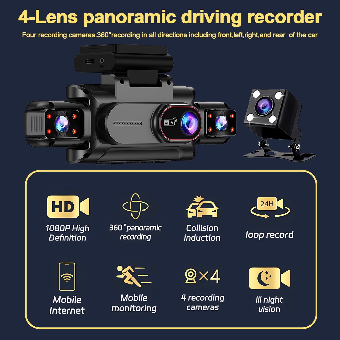 Caméra embarquée 4 canaux Wifi Full HD1080P DVR de voiture 4 caméras Caméra embarquée Enregistreur vidéo Super vision nocturne Boîte noire Cabine 4 objectifs caméra