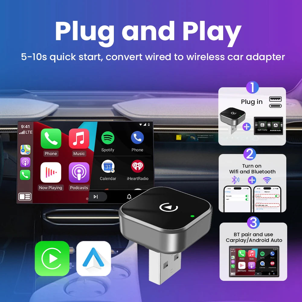 Dongle CarPlay sans fil 2 en 1 et adaptateur sans fil Android Auto, WiFi 5Ghz type-c/USB Plug Play, mise à jour OTA CarPlay sans fil, 2026