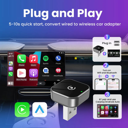 Dongle CarPlay sans fil 2 en 1 et adaptateur sans fil Android Auto, WiFi 5Ghz type-c/USB Plug Play, mise à jour OTA CarPlay sans fil, 2026