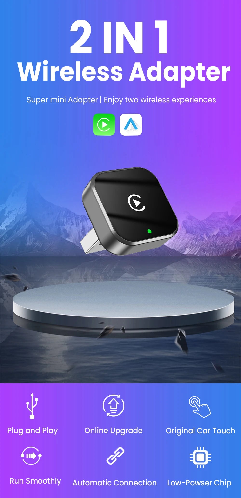 Dongle CarPlay sans fil 2 en 1 et adaptateur sans fil Android Auto, WiFi 5Ghz type-c/USB Plug Play, mise à jour OTA CarPlay sans fil, 2026