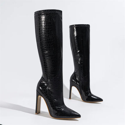 Liyke Autumn Winter Knee High Boots Women Black Snake Print Leather Pointed Toe Party Stripper High Heels Zip Long Shoes Female