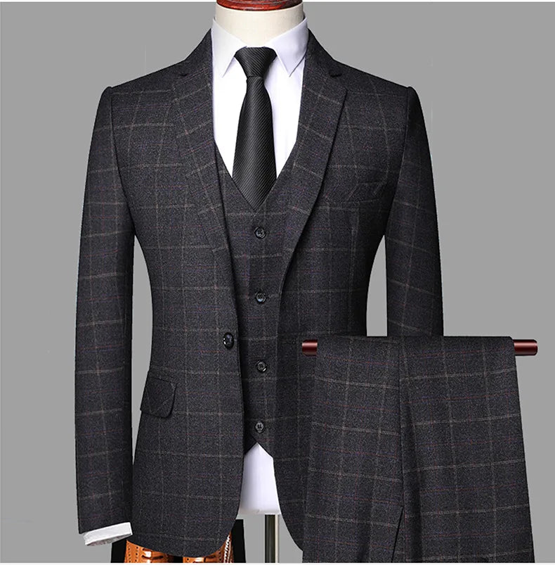 2025 New Men's Three-pieces Fashion Plaid Slim Business Party Formal Elegant Blazer Sets (Jacket+Pants+Vest) Prom Wedding Groom