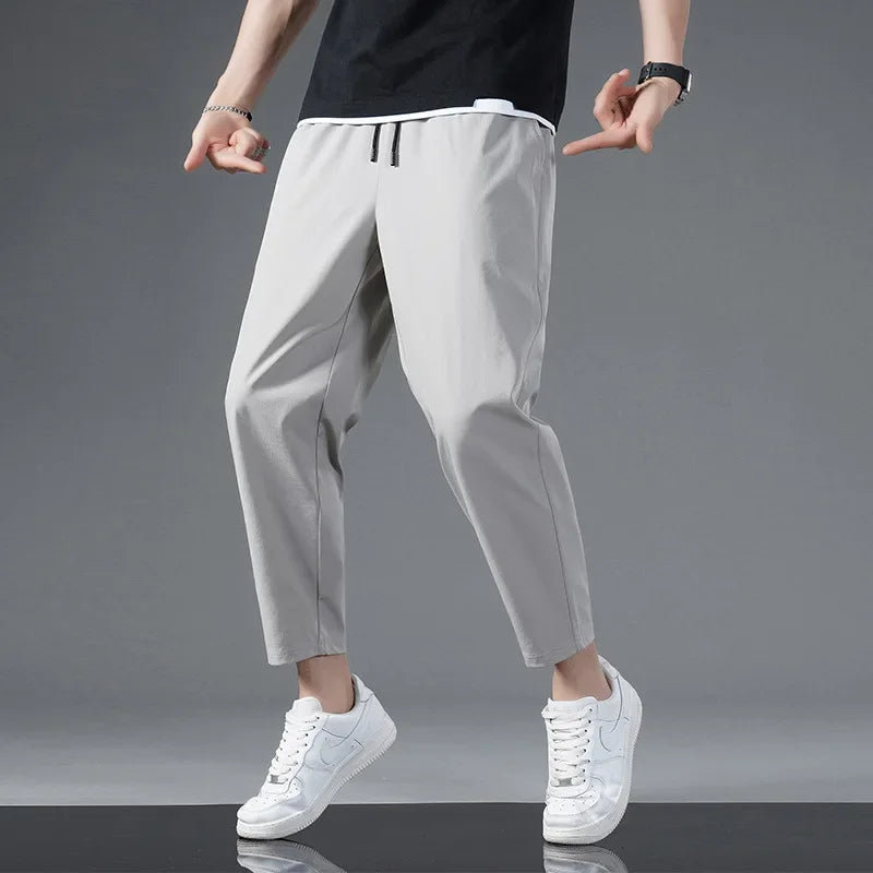 125KG Big Size Summer Ice Silk Crop Pants Men's Elastic Casual Edition Trendy Loose and Quick Drying Sports Large Crop Pants