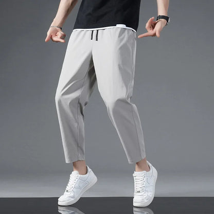 125KG Big Size Summer Ice Silk Crop Pants Men's Elastic Casual Edition Trendy Loose and Quick Drying Sports Large Crop Pants