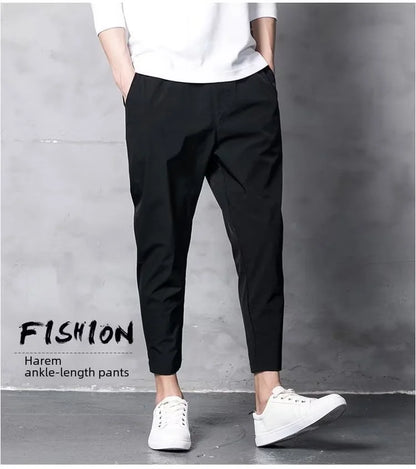 Summer Casual Men's Straight-leg Cropped Pants Ice Silk Elastic Small Foot Trendy Sports Korean Style Youth Pants