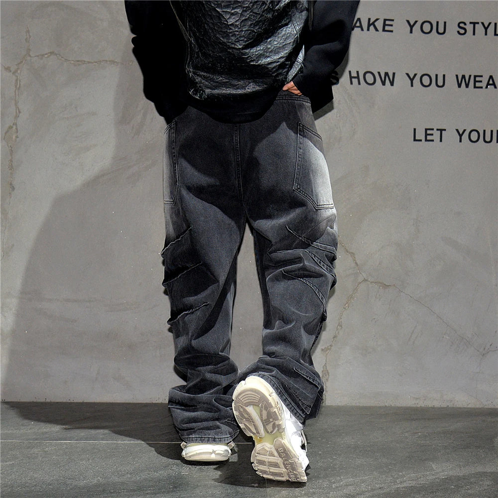 High Quality Black Vintage Casual Gradient Cargo Jeans Streetwear Straight Leg Jeans Hip Hop Denim Pants Kpop Trousers Male