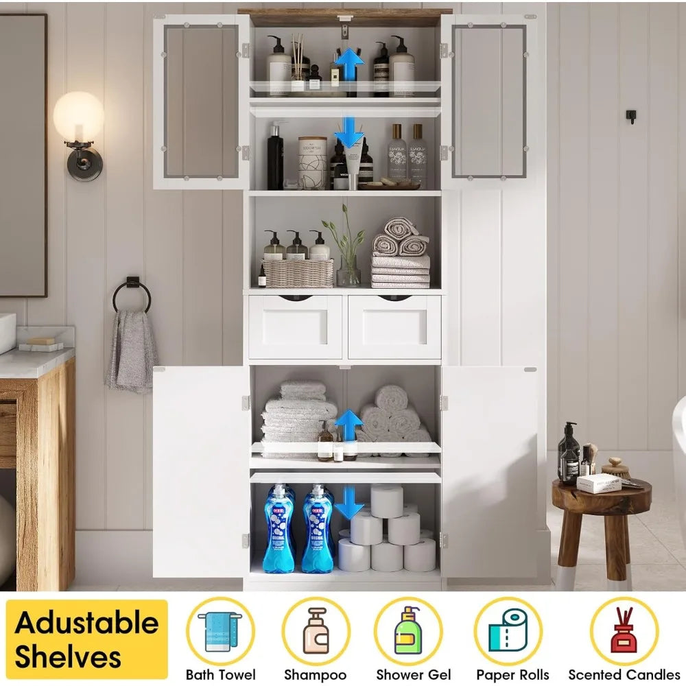 67" Tall Bathroom Storage Cabinet, Freestanding Linen Cabinet with Glass Doors & Drawer, Large Bathroom Pantry