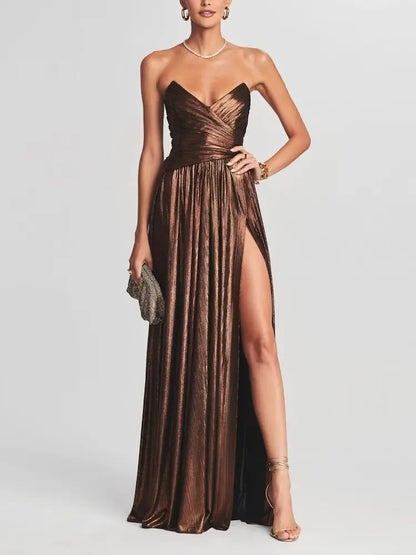 ROSELLA Brown Sexy Evening Gowns Pleated A Line Formal Prom Dress Sweetheart Floor Length High Split Vestido De Festa New 2023