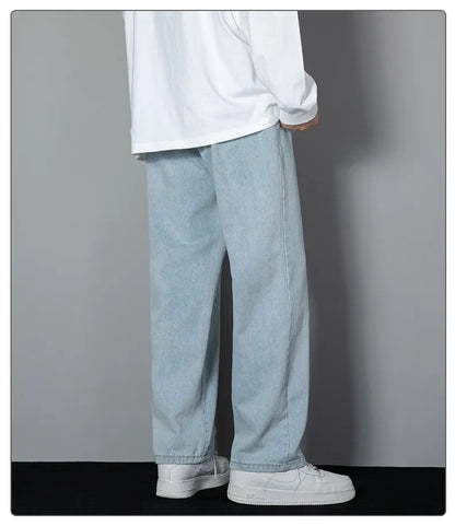 New Korean Men's Casual Long Jeans Classic Man Straight Denim Wide-leg Pants Solid Color Light Blue Grey Black 3XL