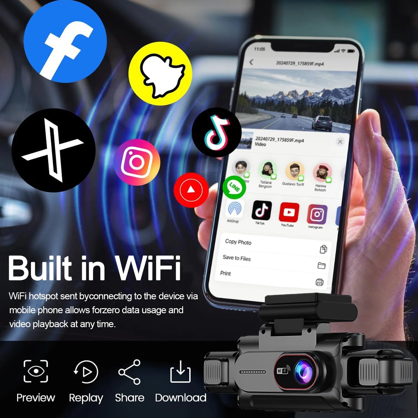 Caméra embarquée 4 canaux Wifi Full HD1080P DVR de voiture 4 caméras Caméra embarquée Enregistreur vidéo Super vision nocturne Boîte noire Cabine 4 objectifs caméra