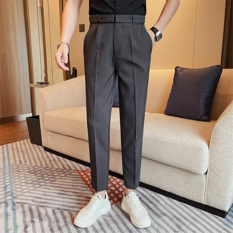 2024 Summer Fashion Belt Design Suit Pant High-waist Solid Color Business Slim Fit Formal Wedding Social Dress Ankle Pants 38-28