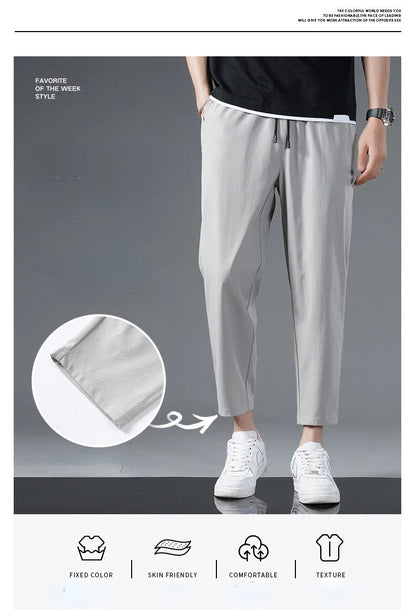 125KG Big Size Summer Ice Silk Crop Pants Men's Elastic Casual Edition Trendy Loose and Quick Drying Sports Large Crop Pants