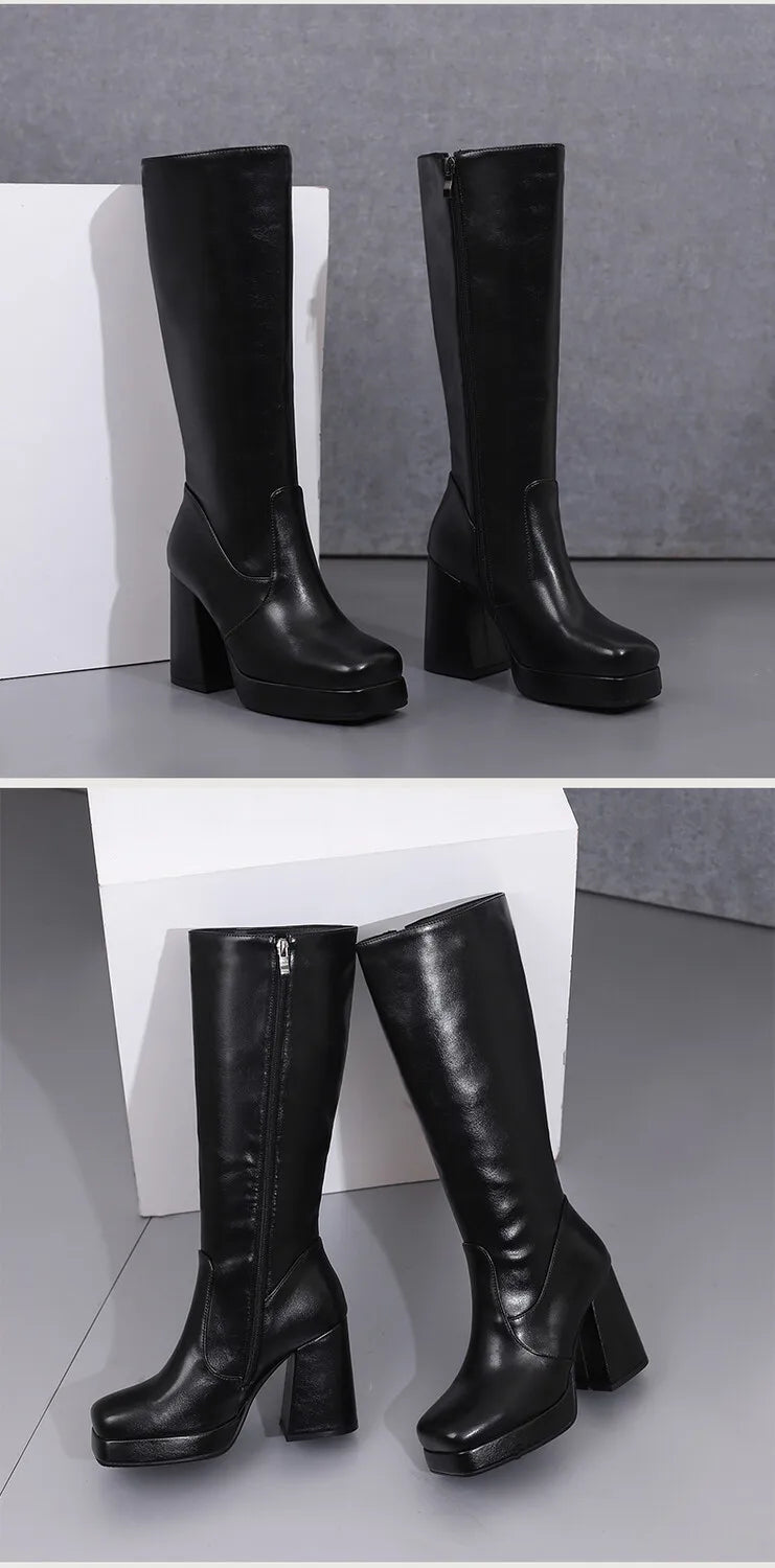 Square Toe Platform Ultra-High Thick Heel Soft PU Side Zipper Women's Knee High Boots With Plush Lining Autumn New Knight Boots