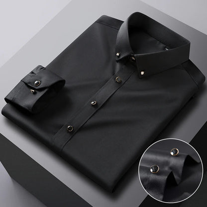 Elegant Men's Long Sleeve Dress Shirt - Silk-Feel, Stretch Fabric with Diamond Buttons, - Perfect for Formal Occasions & Parties