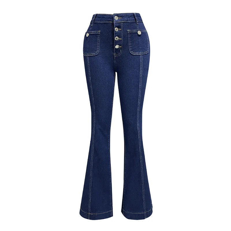 Women High Waist Single-breasted Splice Jeans Fashion High-Street Style Denim Pants Female Commuter Casual Micro Flared Trousers