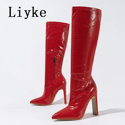 Liyke Autumn Winter Knee High Boots Women Black Snake Print Leather Pointed Toe Party Stripper High Heels Zip Long Shoes Female