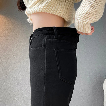 Women Straight Trousers Beige Keep Warm Fur Denim Jeans Thick Velvet Herm Pants Casual Vintage Female Winter Fleece Baggy Pants