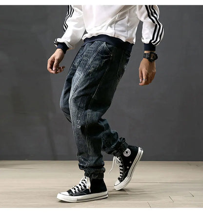 Street Fashion Men Jeans Retro Blue Printed Designer Big Pocket Casual Cargo Pants Hombre Hip Hop Joggers Men Loose Ripped Jeans