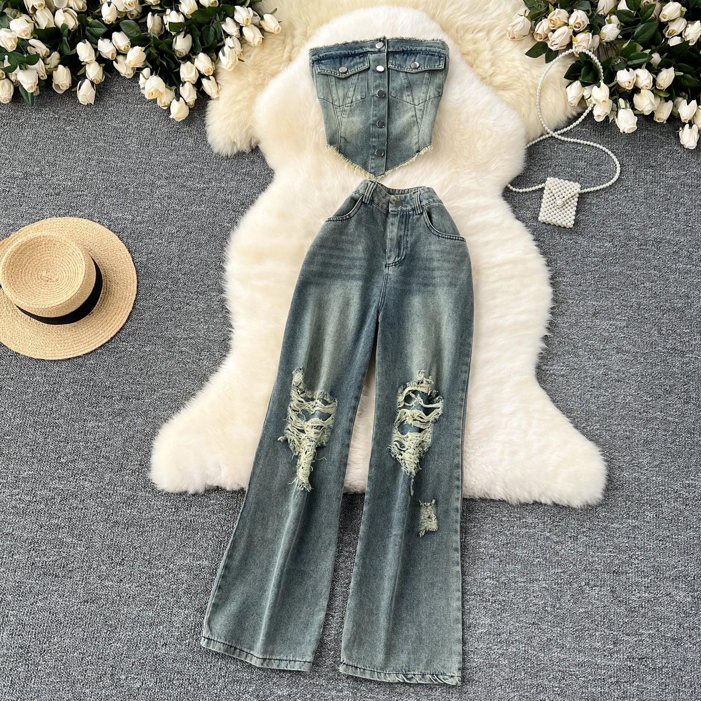 SINGREINY American Hot Girl Denim Suits Strapless Single Tassels Mini Irregular Tops+Holes Long Jeans Female INS Streetwear Sets