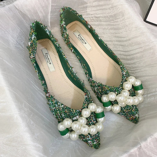 Flat Shoes for Women 2022 Spring Summer New Big Pearls Green White Women Flats Slip on Casual Loafers Zapatillas Mujer 44 45 46