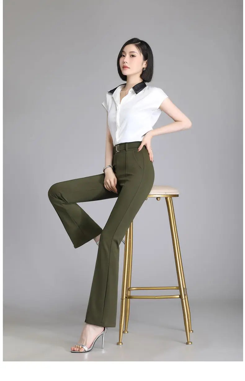 Summer Fashion Elegant Solid Color Commute High Waist Pants Office Lady Casual Elastic Spliced Flare Trousers Women's Clothing