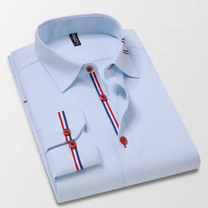 Men's Long Sleeve Oxford Striped Casual Shirt Front Patch Regular-fit Button Down Collar Dress Shirts Camisetas Men Clothing