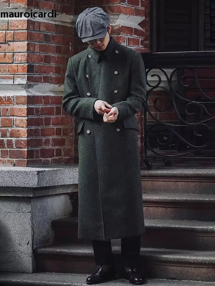 Mauroicardi Autumn Winter Long Warm Green Polo Coat Men Double Breasted Cool Luxury Elegant England Style Wool Blends Overcoat