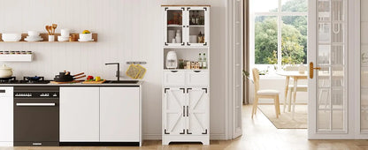 67" Tall Bathroom Storage Cabinet, Freestanding Linen Cabinet with Glass Doors & Drawer, Large Bathroom Pantry