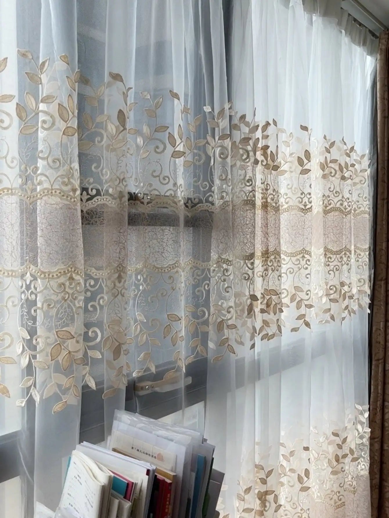 1pc Embossed Leaf High Precision Embroidered Gauze Curtains For Living Room Finished Window Curtains For Bedroom