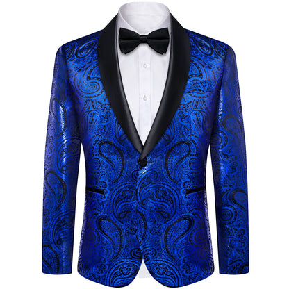 Men's Royal Blue Yellow Blazer Coat Business Slim Fit Single Button Paisley Suit Jacket for Business Party Wedding Prom