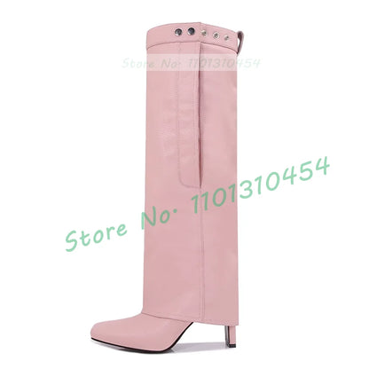 Black Square Toe Foldover Leather Boots Women Elegant Block High Heels Pink Winter Dress Shoes Female Casual Metal Buttons Boots