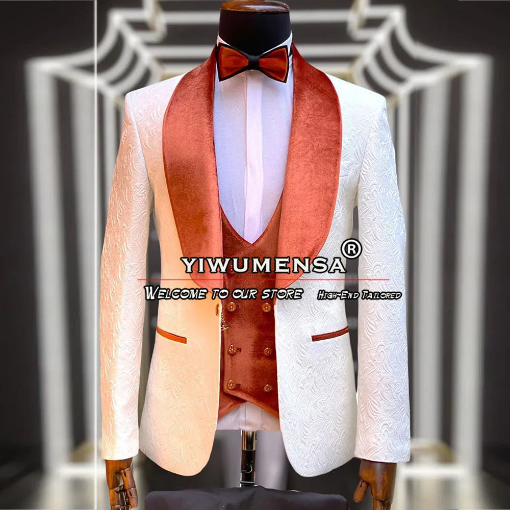 Latest Men Suits White Jacquard Black Velvet Lapel Blazer Sets Formal Wedding Groomsman Tuxedo Tailor-Made Man Marriage Clothing