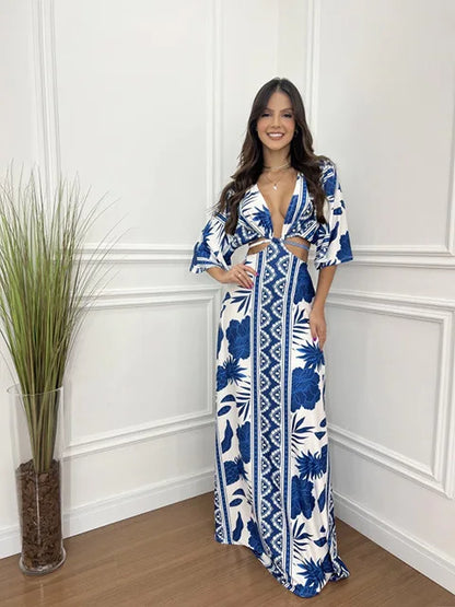 Sexy Printed Long Dresses Deep V-neck Women Hollow Out Lace-up Bat Half Sleeve Vacation Dress Spring Summer New Bohemian Style