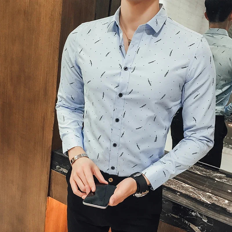 Feather Print Men Casual Shirt 2020 Spring Autumn Long Sleeve Slim Business Shirt High Quality Formal Office Buttons Shirt Homme