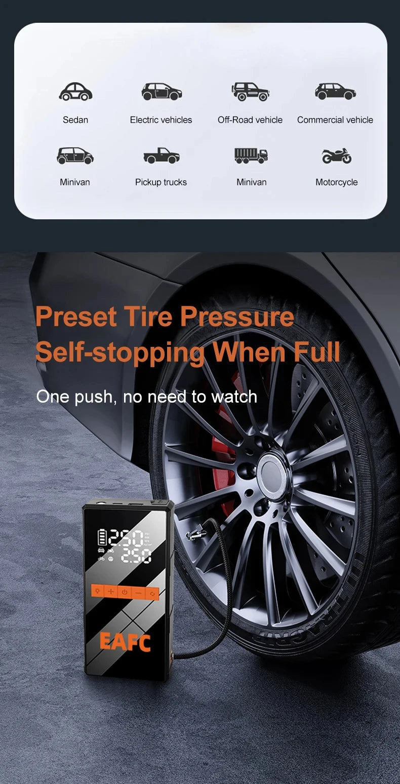 Démarreur de saut de voiture 12V 4 en 1, pompe de gonflage de pneus sans fil, compresseur d'air, batterie portable, démarrage, charge rapide