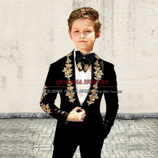 Kids Wedding Suits For Boys Gold Appliques Lapel Velvet Blazer Tailor-Made 2 Pieces Jacket Pants Children Formal Party Dress