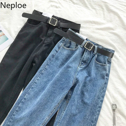 Neploe BF Korean High Waist Jeans Women Solid Belt Harem Pants Loose Casual New High Street Denim Trousers Pantalon Femme 90231