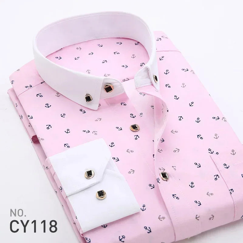 Quality Formal White Spring Men Shirts Casual Mens Shirt Printed Brand Button Collar Slim Fit Floral Social Man Dress Shirt