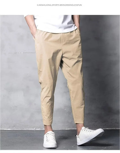 Summer Casual Men's Straight-leg Cropped Pants Ice Silk Elastic Small Foot Trendy Sports Korean Style Youth Pants