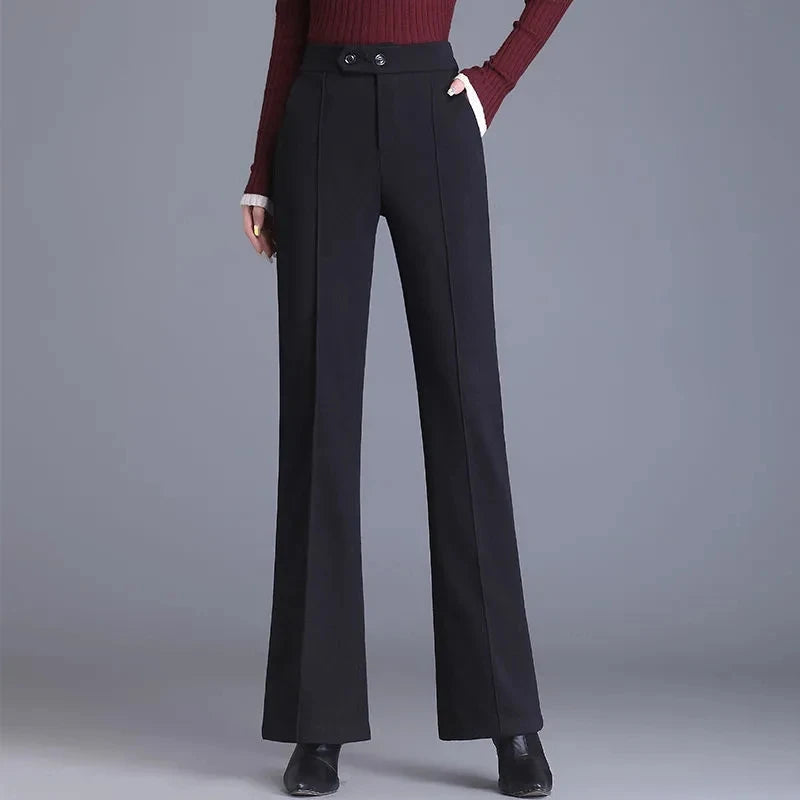 2024 Autumn Winter Women's Woolen Pants New Fashion High Waist Elastic Micro Flare Pants Slim Female Casual Wool Trousers 4XL