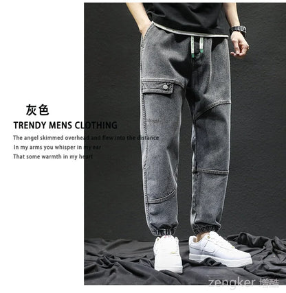 Men's drawstring jeans spring and autumn loose work pants fashion laced Harun plus size casual pants tide 140kg