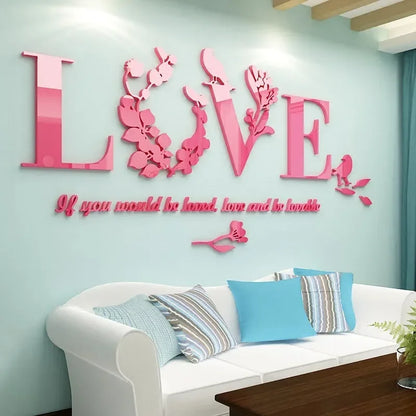 Acrylic 3D Love Mirror Wall Sticker With Pink Purple TV Background Bedroom Living Room Sticker Wedding Room Home Decoration